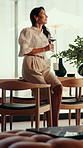 Thinking, happy and woman with red wine in home to relax on weekend, good mood and chill on break. House, reflection and mature person with alcohol, drink and glass for calm, inspiration and peace