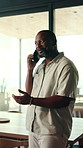 Phone call, black man and laugh in home with smile, planning and networking. Mature person, connection and happy with tech, app and communication for conversation and discussion with funny joke