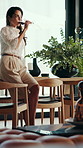 Thinking, montage and woman with wine in home to relax on weekend, good mood and chill on break. House, happy and mature person with alcohol, drink and glass for calm, reflection and inspiration