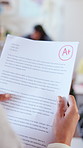 Exam, success and test with hands in classroom for grade, learning and results. Study, paper and education with teacher and teenagers at school for report card, academic feedback and evaluation