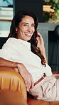 Wellness, face and happy woman in home with day off, positive attitude or optimism on weekend break. Wellbeing, free time or mature person with good mood, confidence and satisfaction in Los Angeles.