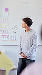 Classroom, presentation and whiteboard with boy for development, education or assessment. Public speaking, test or oral report with document for student, knowledge and speech exam for scholarship