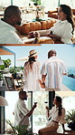 Love, resort and couple with red wine for holiday, celebration and series for bonding or marriage. Toast, woman and man with alcohol for anniversary, collage and romance together with accommodation