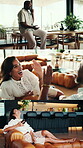 Couple, series and chat with tech in house, phone call and online shopping with smartphone on couch. Laughing, interracial people and bonding with mature partner, payment and discussion with mobile