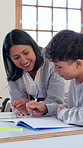 Exam, question and teacher with student in classroom for advice, learning and explain. Study, paper and education with woman and teenagers at school for report, academic feedback and evaluation