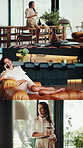 Collage, phone call and woman with wine in home for weekend, good mood and online conversation. House, talking and mature person with alcohol, drink and smartphone for chat, connection and relax