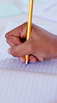 Hands, writing and notebook in classroom for education with checklist, review or studying at college. Person, university student and scholarship with bullet point, learning and closeup at academy