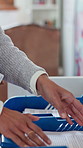 Hands, teacher and woman in classroom, documents for assignments and education for teaching. Trays, professional and person in school, paperwork and prep for exams, evaluation and reading material