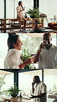 Love, toast and couple in home with red wine, celebration and series for bonding or marriage. Cheers, woman and man with alcohol for anniversary, collage and romance together with beverage in house