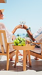 Wine, couple and woman with toast at resort, anniversary celebration trip or travel holiday for bonding. Outdoor, alcohol or people with cheers for relationship milestone, summer vacation or smile