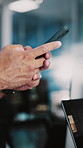 Programmer, hands and phone in office for research, run diagnostics or checking app update. Man, mobile and typing in agency for web development, platform compatibility and connection to cloud server