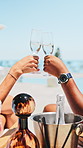Hands, toast or couple with wine at resort, anniversary celebration trip or travel holiday for bonding. Outdoor, alcohol or people with cheers for relationship milestone, vacation or romantic getaway