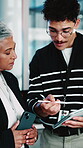 Business, teamwork and people with tablet in meeting, programming or software development on website. Office, discussion and scroll with stylus on app, programmer and collaboration for assignment