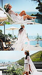 Travel, relax or woman at poolside with montage, tropical trip and happiness on summer break. Collage, wellness or mature person at resort with peace, sunny vacation or tourist getaway in Thailand.