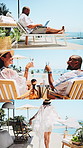 People, toast and champagne for vacation, view and series with trip or break. Luxury resort, collage and interracial people with smile, travel and drink with hotel or hospitality with alcohol by pool
