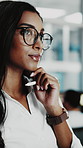 Woman, thinking or developer with tablet for programming app, decision or problem solving in office. Thoughtful, female person or programmer with technology for UI, UX or AI project in workplace