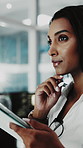 Pen, thinking and businesswoman with tablet in office for writing notes on finance report with growth. Technology, stylus and financial manager with planning for stock market investment in workplace.