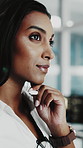 Business, woman and thinking with tech in office for article review, proofreading or approval decision. Editor, person and stylus with reflection at agency for draft feedback, fact check and editing