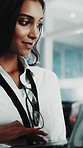 Coding, typing or woman in office, laptop for software development or programming. Person, employee or programmer in workplace, pc for cybersecurity research or firewall for online safety or internet