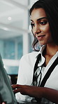 Business, coding and woman in office, laptop for software development and programming. Person, employee and programmer in workplace, pc for cybersecurity research and website info for password update
