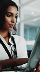 Typing, programming and woman in office, laptop for software development and coding tech. Person, engineering and programmer in workplace, pc for cybersecurity research and analytics for password