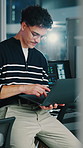Thinking, programming and man in office, laptop for software development and coding tech. Person, solution and programmer in workplace, pc for cybersecurity research and website info for html script