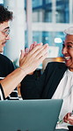 Happy people, team and high five with laptop in meeting, programming and software development on web. Business, celebration and colleagues with smile for IT project, success and programmer with tech