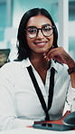 Face, woman and programmer with smile in office for career pride, about us and software upgrade. Portrait, female person and IT technician for programming, debugging server and troubleshooting system