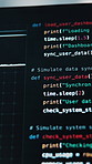 Data, code and screen for software, development or IT with cybersecurity or digital glitch. Tech closeup, computer and programming with cloud computing, app or blockchain for analytics or database