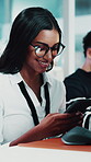 Woman, phone and happy in office for research, article approval or deadline extension. Journalist, tech and typing in coworking agency for story update, info source and response to career opportunity
