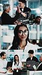 Series, face and business people in office for coding, planning and high five for success. Team, programming or discussion with tech for software goal, app launch or meeting with portrait on montage