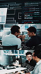 Fist bump, series and men with code in office, smile or celebration for software development on web. Computer screen, programming and people with laptop for IT assignment, achievement and teamwork