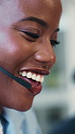 Headset, black woman and call center consultant in office with online consultation, conversation or crm. Talking, mic and African female technical support agent with helpdesk for customer service.
