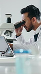 Man, scientist or forensic study with microscope for medical research, exam or results in laboratory. Male person, checking and healthcare worker with scope for scientific examination or clinic trial