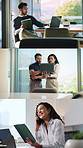 Tablet, laptop and business people in office for research, email or communication with feedback. Phone call, cellphone and collage of employees with discussion on computer or digital technology.