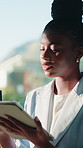 Business, woman and writing in office with tablet, complete checklist and admin for financial agency. Happy, black person and notes in workplace with tech, stylus or finish tasks for finance company.