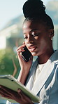 Business, woman and tablet in office with phone call, schedule meeting and update for financial agency. Black person, talk and tech in finance company with contact, planning appointment and feedback.