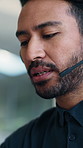 Headset, talking and call center consultant in office with online consultation, conversation or crm. Man, mic and male technical support agent with helpdesk for customer service or contact us.