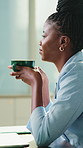 Black woman, coffee and thinking in office for business, finance and stress relief on break. Female accountant, tea and reflection in firm for productivity, planning day and daydreaming in company