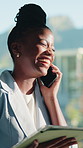 Businesswoman, laugh and tablet in office with phone call, accounting update or funny joke for audit. Happy, black person or accountant in workplace with tech, contact or humor for financial proposal