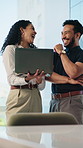 Business, people and laugh in office with laptop, funny proposal and comedy trend for digital marketing. Team, talk and review project in workplace with computer, collaboration and advertising joke.