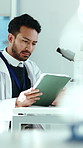 Man, scientist or tablet with microscope for forensic research, medical study or exam in laboratory. Male person, checking and healthcare worker with scope for scientific test results or clinic trial