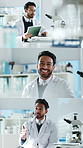 Scientist, smile and face in laboratory for chemistry, medical research or pharmacy development. Biotech series, man and experiment report with tech for study discussion, pathology or drug invention