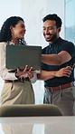 Business, people and teamwork in office with laptop, proposal and creative trend for digital marketing. Woman, man and review project in workplace with computer, conversation and online advertising.