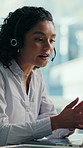 Mic, woman and call center consultant in office with online consultation, conversation or crm. Talking, headset and female technical support agent with helpdesk for customer service or contact us.