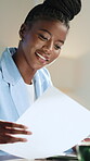 Reading, document and woman with laptop in office, typing or investment banking with info on website. Online, risk assessment and black person with paperwork for budget, happy and financial review