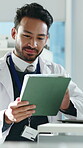 Science, review or man in lab with tablet, study recording or digital research for experiment. Typing, online checklist or scientist with tech, medical report or data processing in clinical trial.
