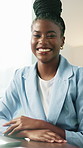 Happy, face or black woman in firm with smile, pride or ambition as investment advisor. Business, laugh or financial consultant in office with confidence, career or experience in risk management.