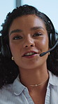Call center, face and woman talk for customer service, advice or help for tech support in office. Portrait, consultant and happy person with headset for IT feedback, solution and contact us with POV