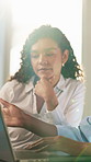 Business, people and collaboration in office with laptop, discussion and meeting for budget proposal. Team, conversation and accountant in workplace with computer, review audit or financial planning.
